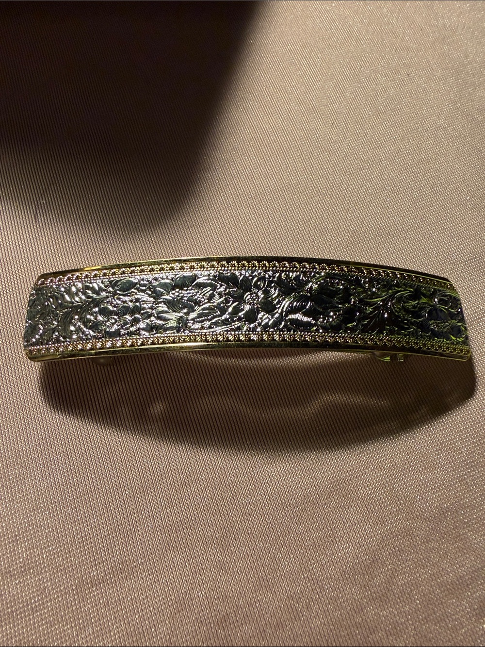 Vintage-Ornate Floral Engraved Metal Barrette - Gold Tone